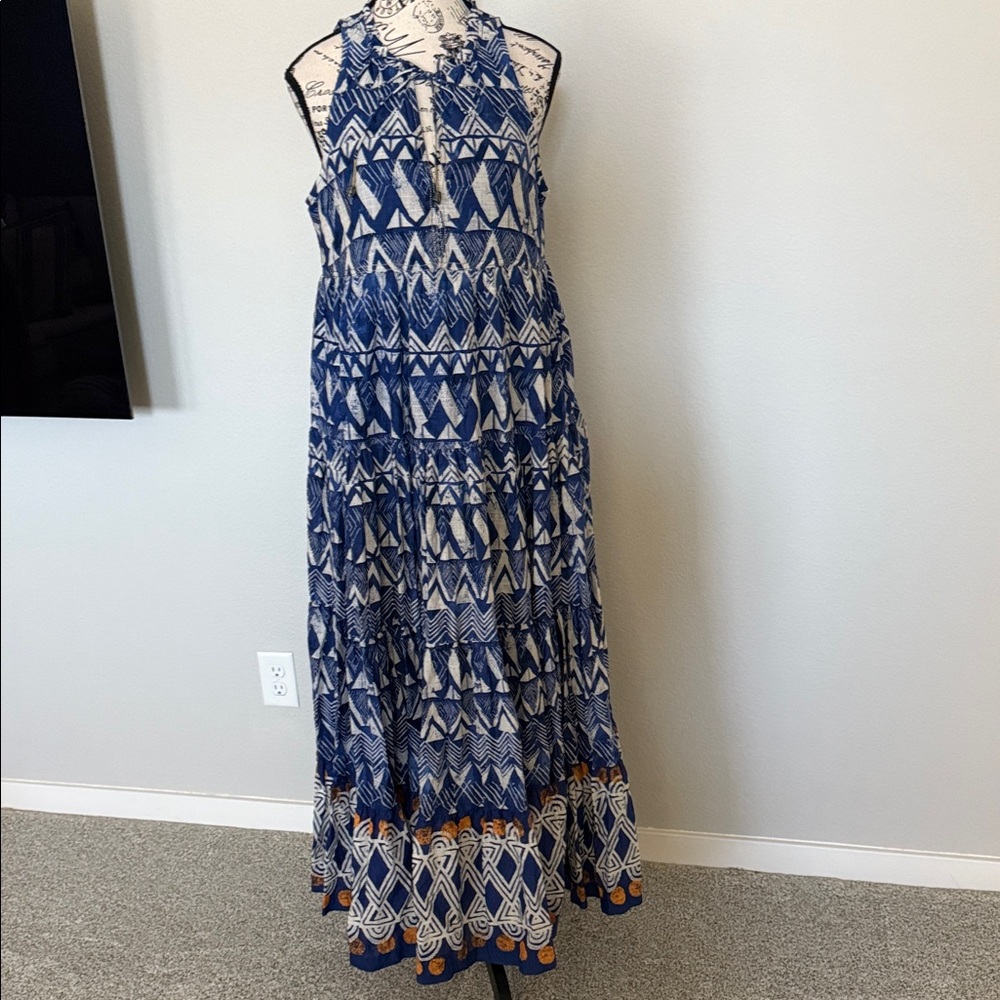 Anthropologie Blue and White Geometric Maxi Dress